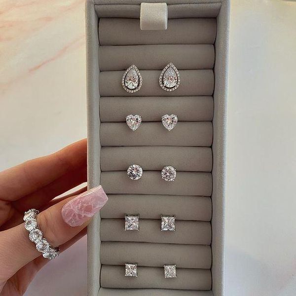 

stud 5mm single stone cz earring various shaped geometric heart round square marquise oval delicate 925 sterling silver jewelry, Golden;silver