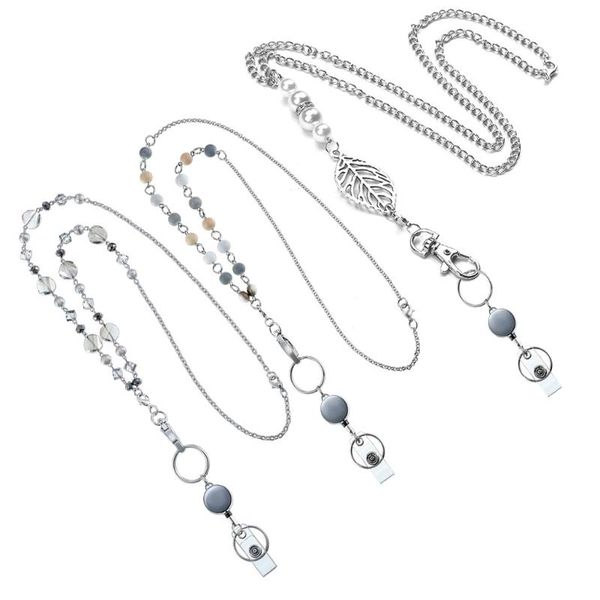 

chains 3pc retractable badge reel lanyard with id holder necklace name kit, Silver