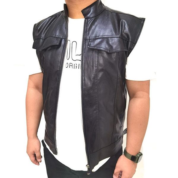 

men's vests spring autumn pu leather vest men solid color zipper motorcycle hip hop waistcoat plus size streetwear sleeveless jacket, Black;white