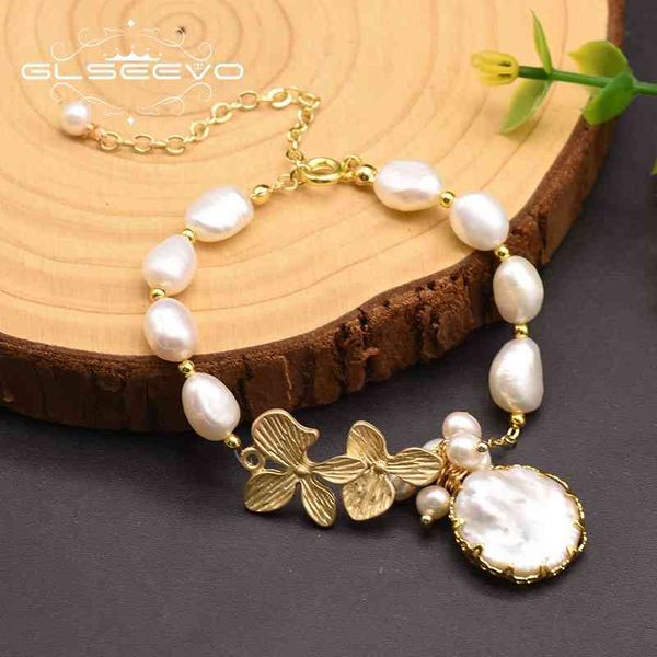 

glseevo 100% natural fresh water white pearl bracelets for women girl birthday leaves bracelet jewelry brazalete mujer gb0184, Golden;silver