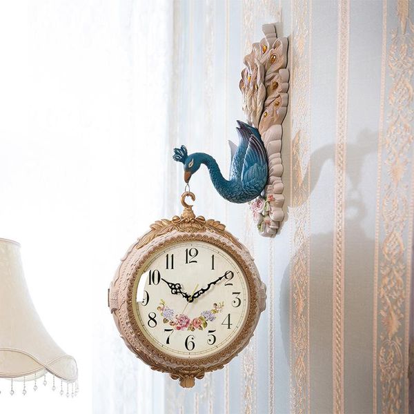 

wall clocks luxury 3d peacock station metal clock double sided bird vintage retro round mount hanging home decor