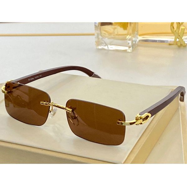 Randlose Herren-Sonnenbrille 8101016, Holzbügel, Business-Stil, Damenmode, Brille, quadratische Linse, UV400-Strahlenschutz, Gürtelbox