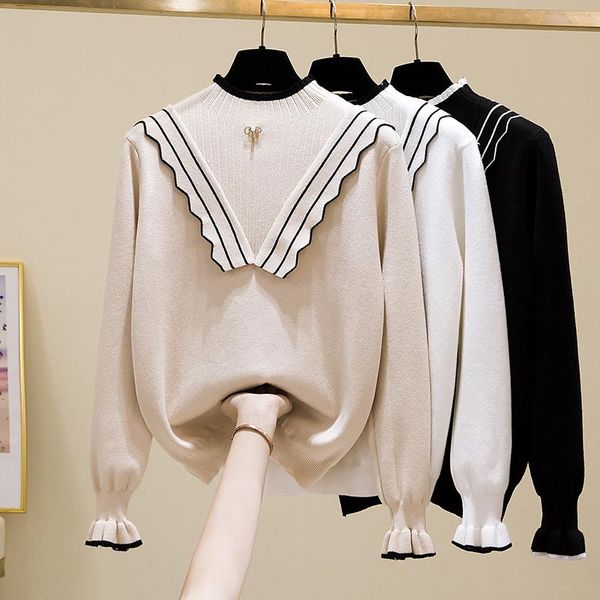 

women's sweaters vintage half turtleneck ruffles sweater women autumn winter long sleeve knitted pullovers pull femme jumper, White;black