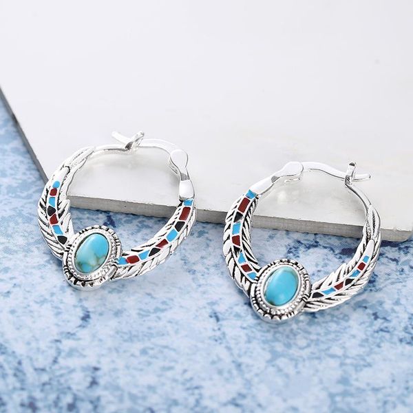 

earrings & necklace fashion multicolor bohemia jewelry sets vintage turquoise stone feather rings pendant necklaces accessories for women, Silver