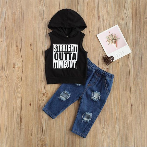 

clothing sets toddler boys 2pcs summer fashion outfits, sleeveless letter print hoodie + casual ripped denim pants set for, White