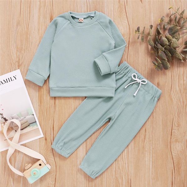 

fashion spring autumn kids baby girls boys outfit suit cotton knitted clothes set toddler solid casual pants 2pcs sets, White