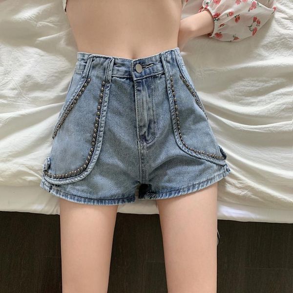 

women's shorts summer high waist denim women casual loose ladies fashion beading pocket blue jeans female with belt 2021, White;black