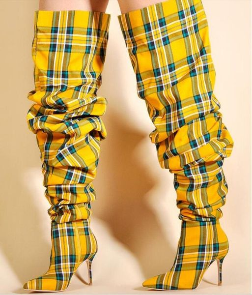 

boots fashion plaid high heel pointed toe pleated winter long thin heels yellow red green loosed thigh big size, Black