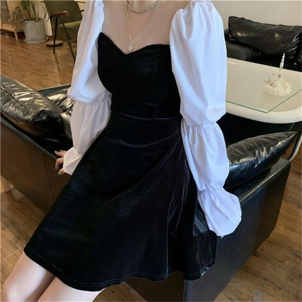 

mori girl japanese retro hepburn style puff sleeve dress female black and white slim waist velour dresses casual, Black;gray
