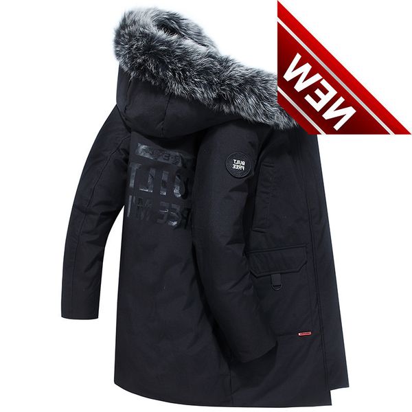 

men down coat white duck parka men's -30 degree winter thick warm jacket hooded male fur collar mid-length windbreaker, Black
