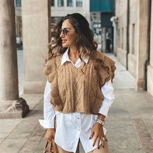 

women cable-knit vest sweater v-neck waistcoat ruffle trim women pullover warm knitted tank 211008, Black;white