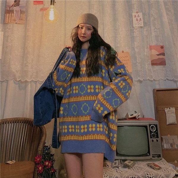 

women's sweaters retro striped sweater women thick loose long sleeve o-neck urban harajuku style autumn winter argyle fashion, White;black