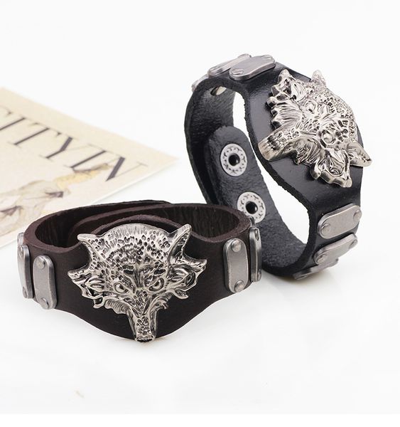

neme wolf totem rivet punk leather personality fashion men's bracelet war wolf bracelet star same jewelry, Golden;silver