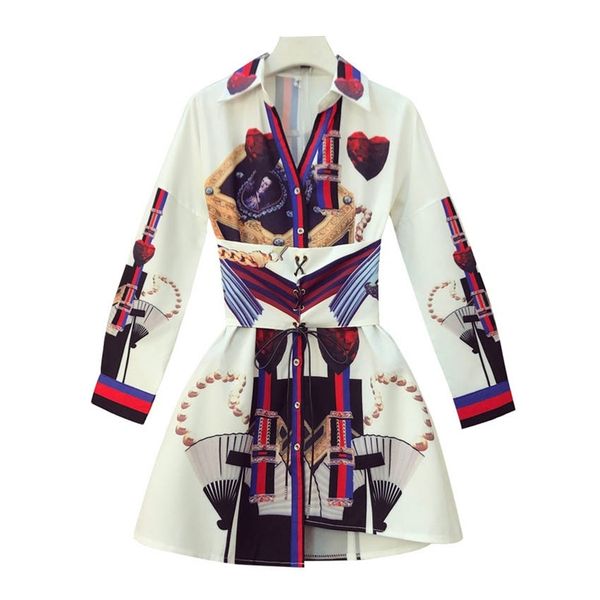 

print chiffon turn down collar long sleeve full short mini dress lace up d0992 210514, Black;gray