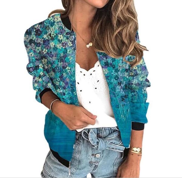 

women's jackets 2021 autumn and winter zipper stand-up collar printed floral long-sleeved plus size short jacket, Black;brown