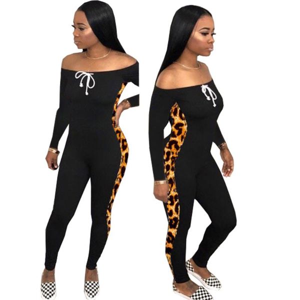 

women's jumpsuits & rompers echoine autumn long sleeve skinny jumpsuit women slash off-shoudler bodysuit leopard print patchwork overal, Black;white