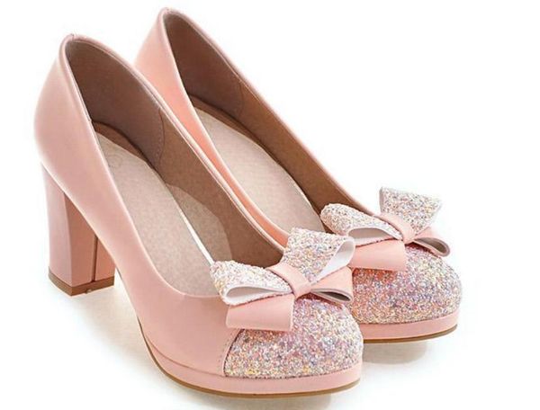 

women's shoes in spring and autumn with style high heel coarse round head bowknot dress, Black
