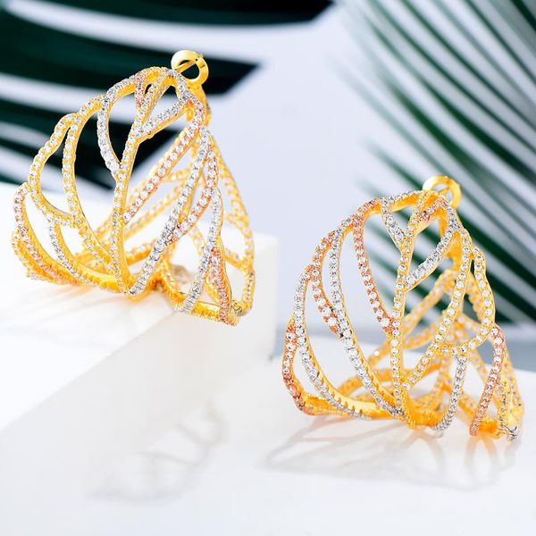 

hoop & huggie kellybola hollow leaf earrings for women jewelry charms elegant full mirco cubic zircon dubai wedding, Golden;silver