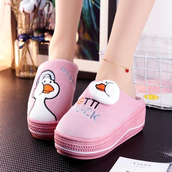 

slippers 2021 winter home 5cm high heel fashion cute ugly duckling plus velvet warm cotton shoes women's, Black