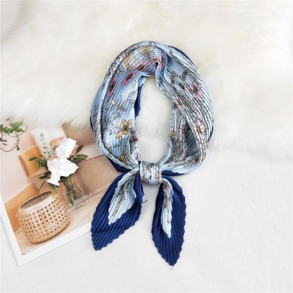 

scarves 2021 square crinkle silk scarf women commute crumple neck wear pleated lattice handkerchief elegant foulard female luxury band, Blue;gray