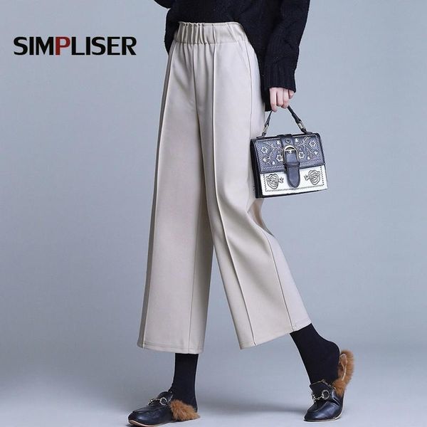 

women's pants & capris woolen wide leg for women 2021 winter elastic waist ankle length female trousers plus size 4xl ladies elegant, Black;white