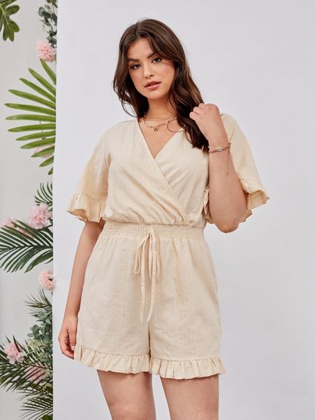 

plus ruffle trim surplice romper j5ks#, Black