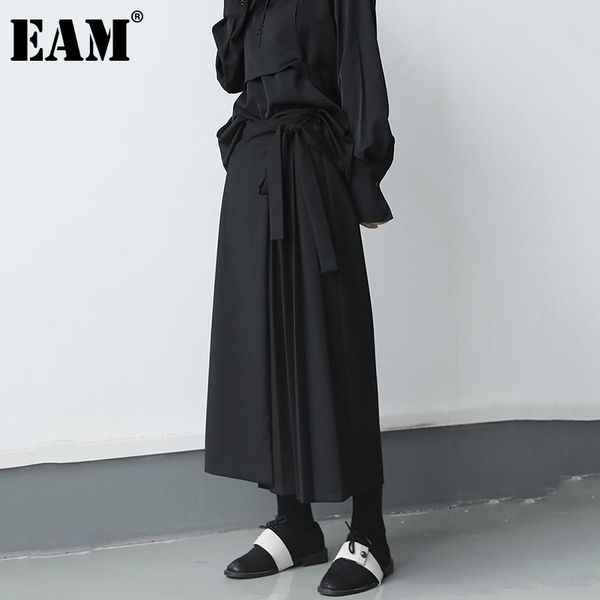 

[eam] high elastic waist black pleated long wide leg trousers loose fit pants women fashion tide spring autumn 2021 1db207 women's & ca, Black;white