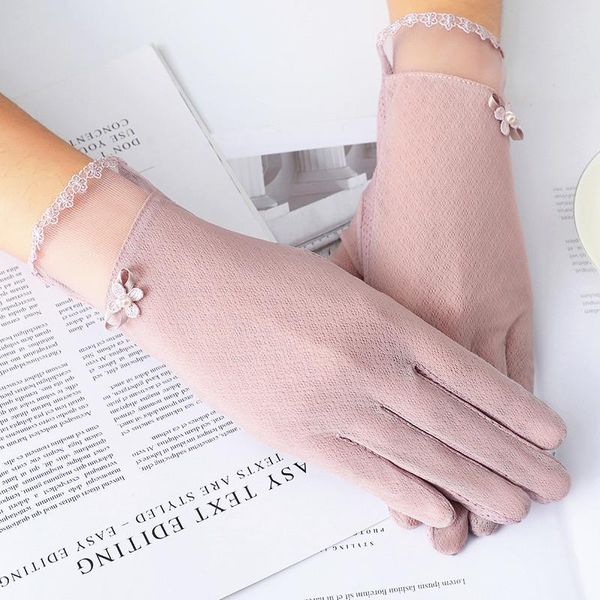 

five fingers gloves a pair women anti-uv sunscreen full finger lace silk flower touch screen girl autumn high elastic driving, Blue;gray