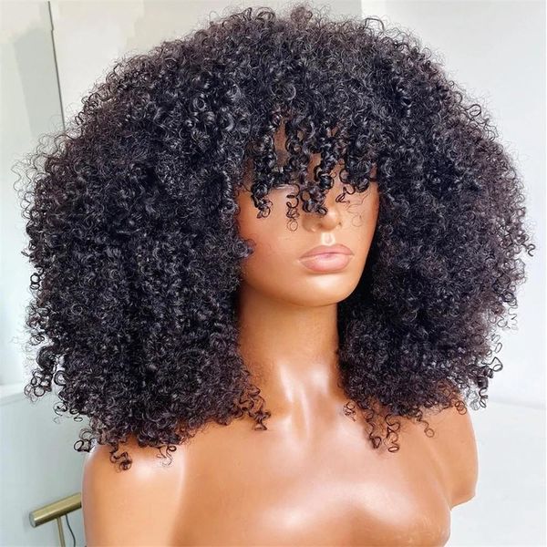 16-Zoll-Lace-Front-Perücken, afrikanisches hitzebeständiges Cosplay-Haar, kurze Afro-Kinky-Curly-Perücke mit Pony für schwarze Frauen, HD-nahtlose Lace-Front-Perücke