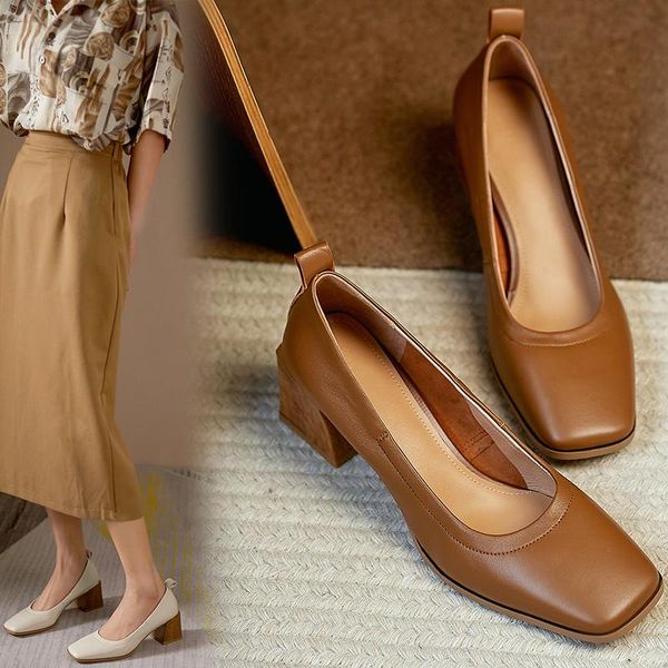 

dress shoes shallow square toe for women heel autumn high heels genuine leather wedding party woman pumps, Black