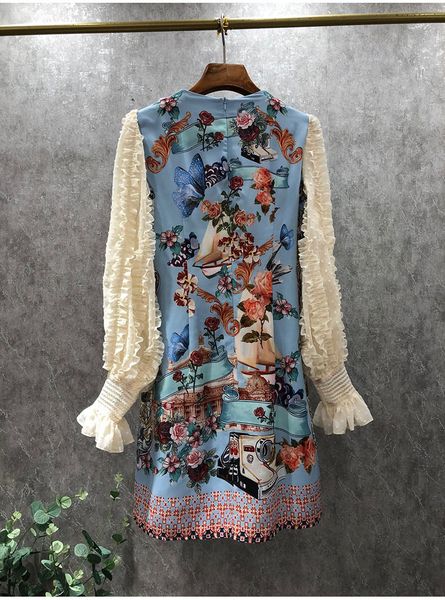 

dresses women's spring summer party runway women lace turn-down collar flare sleeve casual vintage print, Black;gray