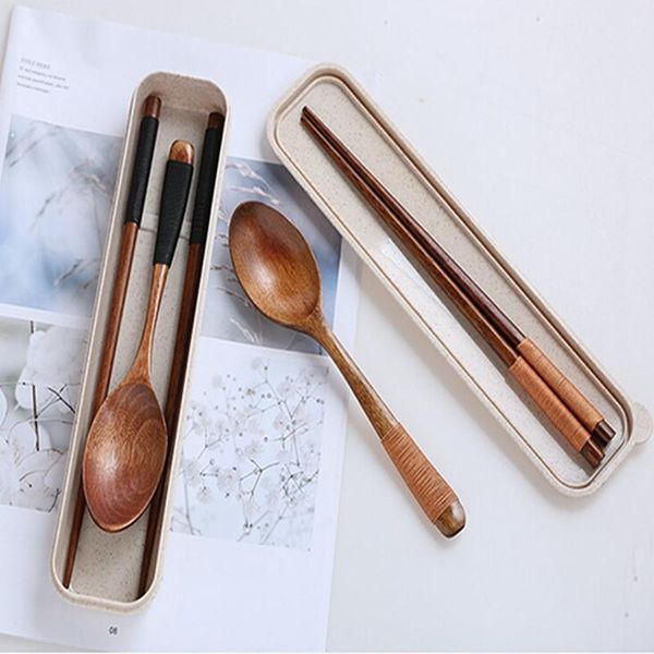 

dinnerware sets 3 pcs portable tableware wooden cutlery with useful spoon chopsticks travel gift suit box
