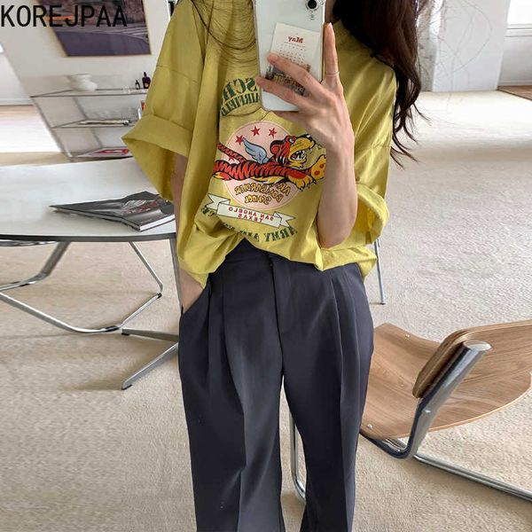 

korejpaa women sets summer ladies all-match round neck loose cartoon print t-shirt high waist straight mopping trousers 210526, White