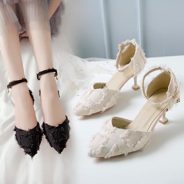 

dress shoes summer cloth pumps stiletto kitten heels party high women wedding pointed toe buckle sandals, Black
