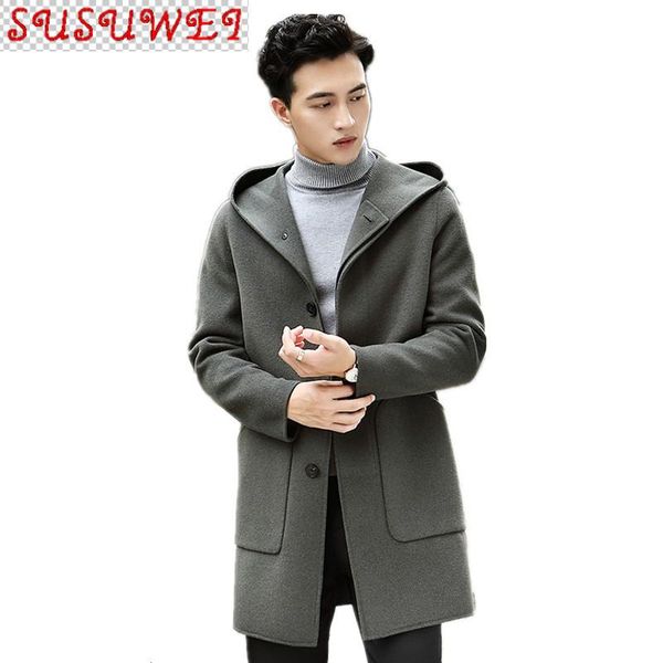 

real wool coat autumn winter jacket men hooded double-side woolen streetwear trench t-24-069 my2046 men's & blends, Black