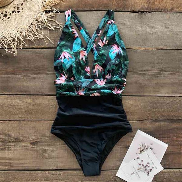 

green in the forest swimsuit women deep v neck back cutout ruffle monokini summer bathing suit swimwear 210702, White;black