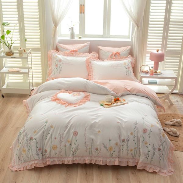 

bedding sets white/pink super soft washed cotton princess set floral embroidery ruffle double duvet cover bed linen pillowcases