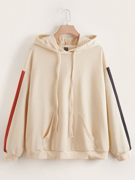 

plus drop shoulder contrast side seam drawstring hoodie i4ym#, Black