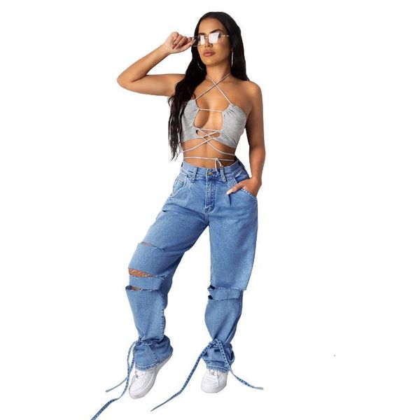 

women's jeans spring and autumn women loose casual washed ripped straight denim pants hole bandage trousers lbrt, Blue