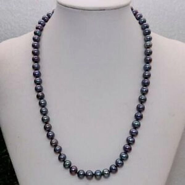 

very luster black 8-9mm round freshwater pearl necklace 18" chains, Silver