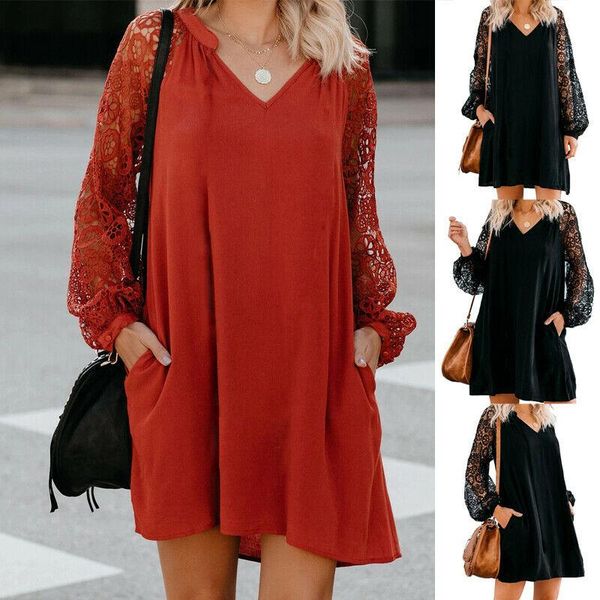 

women's hollow lace long sleeve v-neck loose casual solid dress red spring summer dresses, Black;gray