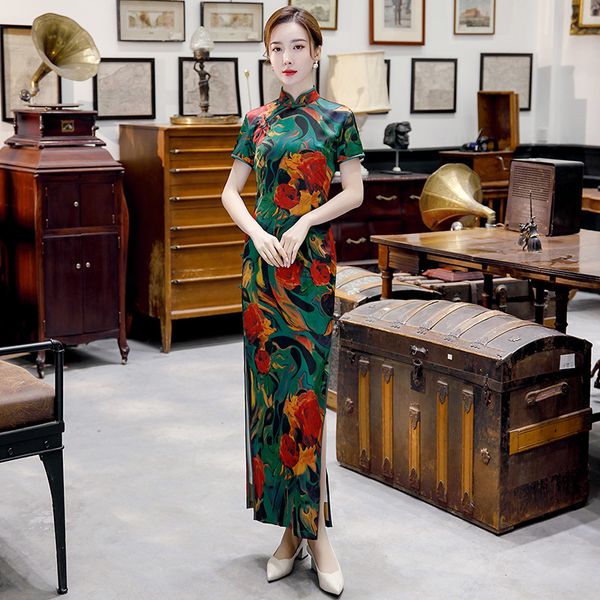 

luxury cheongsam double mulan long style temperament silk fashion slim chine cheongsam, Blue;red