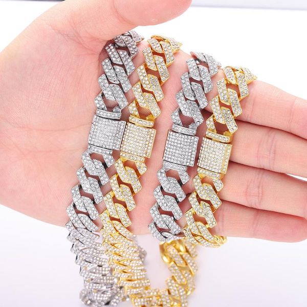 

chains men hip hop chain necklace 15mm heavy rhombus cuban iced out bling fashion jewelry for gift, Silver