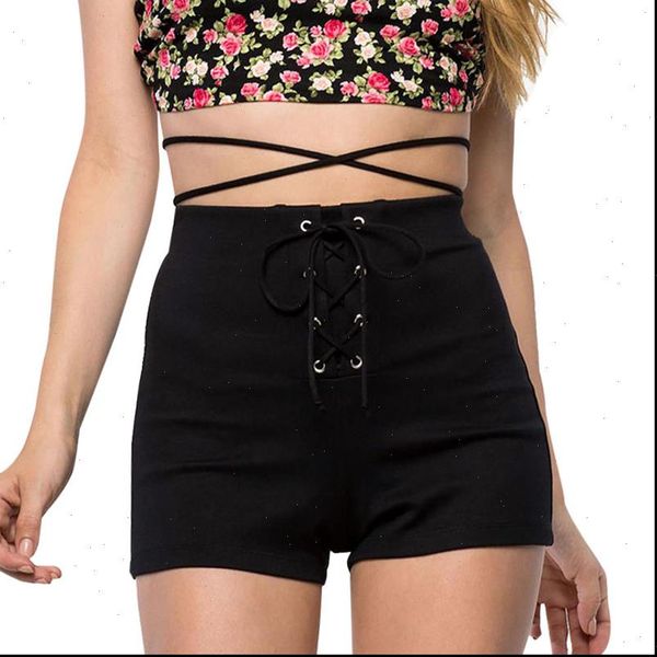 

women short lace up drawstring high waist shorts solid black biker cross bandage casual, White;black
