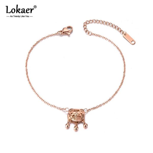 

anklets lokaer chinese style rose gold charm anklet foot jewelry stainless steel longevity lock chain link for women a19011, Red;blue