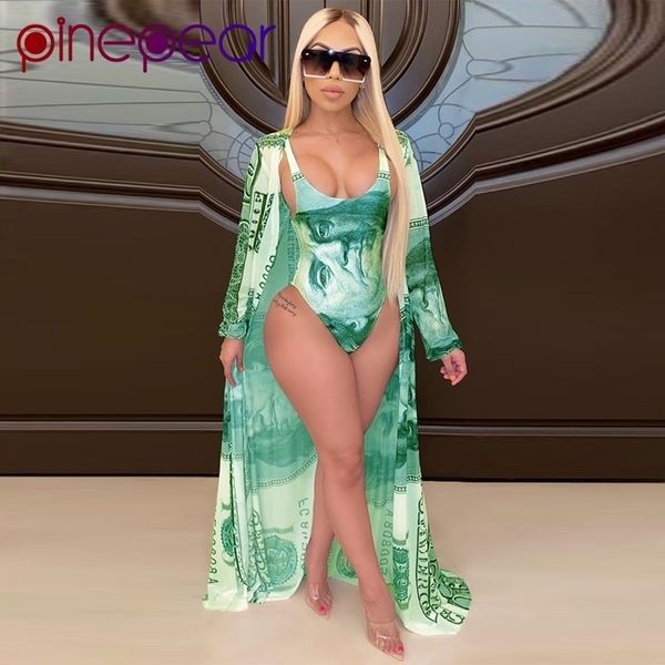 Pinepear Kadınlar Para Baskı Bodycon Bodysuit + Kapak 2 Parça Yüzmek Bikini Set Mayo Kadın Mayo Push Up Mayo 210319