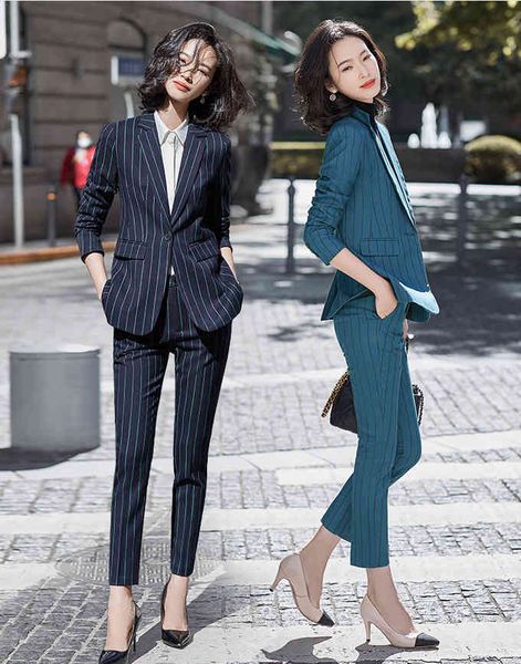 

women's two piece pants business women formal stripe suits spring temperament slim long sleeve blazer and trousers office ladies interv, White