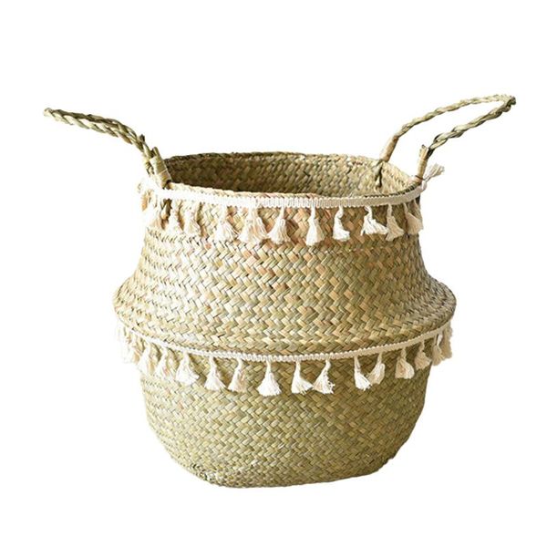 

manual woven basket seagrass flower pot plant belly storage organizer with handles tassel for planting home decoration s-xl baskets