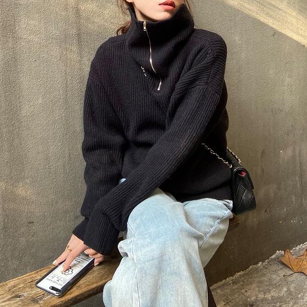 

women's sweaters autumn 2021 winter woman harajuku korean fashion personality vintage striped zipper turtleneck knitted sweater women, White;black