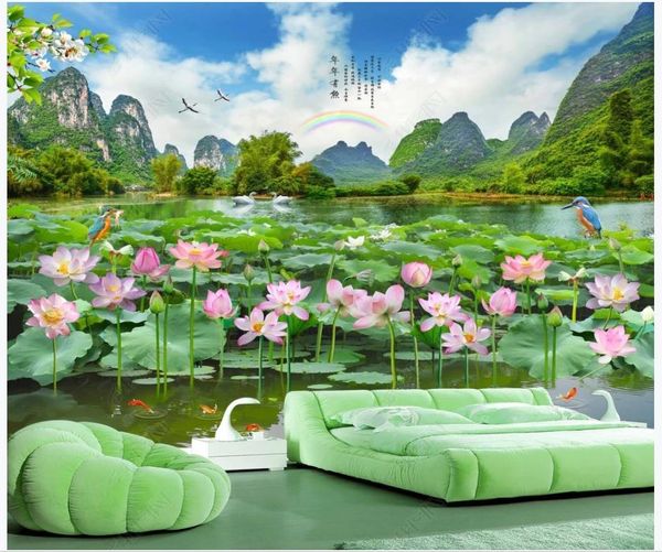 Kundenspezifische Foto-Hintergrundbilder für Wände 3d Wandbilder schöne idyllische Teich Lotus Landschaftsmalerei TV Hintergrund Wandpapiere Home Decoration